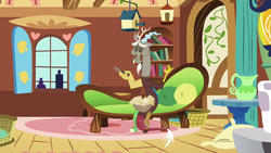 Size: 1280x720 | Tagged: safe, screencap, discord, draconequus, g4, keep calm and flutter on, bird house, book, couch, eating, eyes closed, fluttershy's cottage, fork, male, pillow, solo
