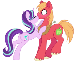 Size: 900x741 | Tagged: safe, artist:scarlet-spectrum, big macintosh, starlight glimmer, earth pony, pony, unicorn, g4, blushing, butt, crack shipping, dock, female, glimmermac, kiss on the lips, kissing, male, mare, plot, shipping, simple background, smiling, stallion, straight, transparent background