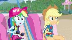 Size: 1280x720 | Tagged: safe, screencap, applejack, rainbow dash, equestria girls, g4, lost and found, my little pony equestria girls: better together, applejack's beach shorts swimsuit, applejack's hat, beach, beach chair, belly button, bikini, chair, clothes, cowboy hat, duo, female, hat, midriff, sunglasses, swimsuit