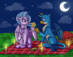 Size: 3700x2900 | Tagged: safe, artist:jack-pie, gallus, silverstream, classical hippogriff, griffon, hippogriff, g4, blushing, candle, crescent moon, cute, date, diastreamies, female, fire, flower, food, gallabetes, high res, male, moon, night, open mouth, picnic blanket, sandwich, ship:gallstream, shipping, sitting, stars, straight