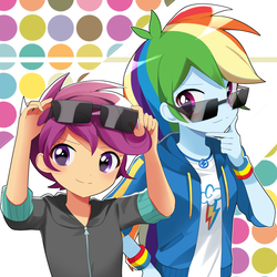 Size: 1900x1900 | Tagged: safe, artist:ryuu, edit, rainbow dash, scootaloo, equestria girls, g4, my little pony equestria girls: better together, abstract background, anime, clothes, cute, cutealoo, dashabetes, duo, female, geode of super speed, hoodie, looking at you, magical geodes, scootalove, shirt, smiling, smirk, sunglasses, wristband