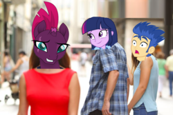 Size: 749x500 | Tagged: safe, edit, flash sentry, tempest shadow, twilight sparkle, equestria girls, g4, distracted boyfriend meme, female, lesbian, meme, ship:tempestlight, shipping