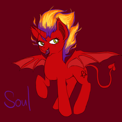 Size: 1000x1000 | Tagged: artist needed, safe, oc, oc only, oc:soul stealer, pony, succubus, bat wings, female, horn, mane of fire, raised hoof, simple background, solo, tongue out, wings