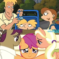 Size: 2048x2048 | Tagged: safe, edit, edited screencap, screencap, apple bloom, mane allgood, scootaloo, snap shutter, sweetie belle, pegasus, pony, g4, the last crusade, arnold shortman, baby, cartoonito logo, cutie mark crusaders, female, filly, foal, hey arnold, high res, male, mare, miles shortman, nickelodeon, spoiler, stallion, stella shortman, younger