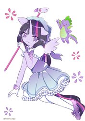 Size: 848x1200 | Tagged: safe, artist:mohrm_mlp2, spike, twilight sparkle, alicorn, dragon, anthro, g4, bowtie, cardcaptor sakura, clothes, cosplay, costume, crossover, dress, female, gloves, kero-chan, male, no pupils, shoes, stockings, thigh highs, twilight sparkle (alicorn)