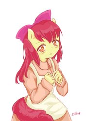 Size: 1240x1754 | Tagged: safe, artist:mohrm_mlp2, apple bloom, earth pony, anthro, g4, apron, bow, clothes, dress, female, filly, hair bow, looking at you, no pupils, simple background, solo, white background
