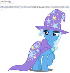 Size: 1136x1188 | Tagged: safe, artist:dashiesparkle edit, edit, trixie, pony, unicorn, g4, to where and back again, cape, clothes, example, female, hat, raised hoof, simple background, solo, text, transparent background, trixie's cape, trixie's hat, vector, wikipedia