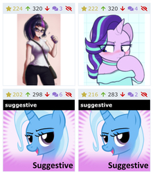 Size: 641x725 | Tagged: safe, sci-twi, starlight glimmer, trixie, twilight sparkle, pony, derpibooru, equestria girls, g4, juxtaposition, meta