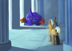 Size: 4960x3508 | Tagged: safe, artist:toisanemoif, princess luna, earth pony, pony, unicorn, g4, context is for the weak, male, not salmon, royal guard, stallion, wat