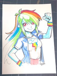 Size: 1532x2048 | Tagged: safe, artist:babtyu, rainbow dash, equestria girls, g4, clothes, female, marker drawing, shirt, simple background, solo, traditional art, white background