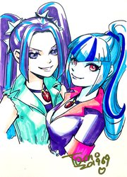Size: 1472x2048 | Tagged: safe, artist:babtyu, aria blaze, sonata dusk, equestria girls, g4, disguise, disguised siren, female, jewelry, looking at you, necklace, solo, traditional art