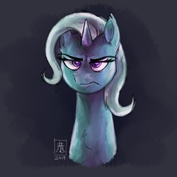 Size: 2742x2742 | Tagged: safe, artist:wildetrashbag, trixie, pony, unicorn, g4, student counsel, abstract background, bust, chest fluff, female, frown, high res, mare, solo