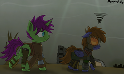 Size: 2500x1500 | Tagged: safe, artist:memeancholy, oc, oc only, oc:dauntless, oc:six-shooter, pegasus, pony, unicorn, fallout equestria, armor, clothes, dashite, enclave, female, gun, mare, pipbuck, wasteland, weapon