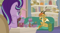 Size: 1920x1080 | Tagged: safe, screencap, ocellus, starlight glimmer, dragon, pony, unicorn, g4, student counsel, book, bookshelf, chair, couch, cup, desk, disguise, disguised changeling, dragon ocellus, duo, female, mug, school of friendship, sitting, starlight's office, teacup, teapot