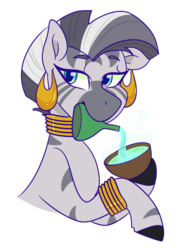 Size: 500x686 | Tagged: safe, artist:cubbybatdoodles, zecora, pony, zebra, g4, bracelet, ear piercing, earring, female, jewelry, mouth hold, neck rings, piercing, potion, quadrupedal, simple background, solo, transparent background
