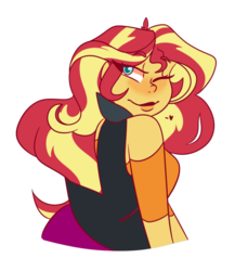 Size: 500x575 | Tagged: safe, artist:cubbybatdoodles, sunset shimmer, human, equestria girls, g4, blushing, female, looking back, one eye closed, simple background, smiling, solo, transparent background