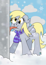 Size: 2480x3508 | Tagged: safe, artist:eillahwolf, derpy hooves, pegasus, pony, g4, a christmas story, clothes, eye clipping through hair, female, high res, mare, scarf, snow, solo, tongue stuck to pole, winter