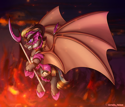 Size: 4000x3428 | Tagged: safe, artist:cornelia_nelson, oc, oc only, bat pony, pony, angry, armor, bat pony oc, fantasy class, fire, helmet, warrior