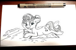 Size: 900x597 | Tagged: safe, artist:kovoranu, starlight glimmer, pony, unicorn, g4, beach, female, lying down, mare, monochrome, simple background, solo, summer, sunglasses, tongue out, traditional art, white background