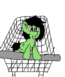 Size: 1440x1708 | Tagged: safe, artist:scotch, oc, oc:filly anon, earth pony, pony, blushing, chest fluff, cute, female, filly, grin, looking at you, shopping cart, simple background, smiling, white background