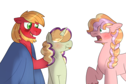 Size: 1999x1330 | Tagged: safe, artist:kindheart525, artist:romania-lanslide, big macintosh, oc, oc:honeycrisp, oc:somerset sour cider, earth pony, pony, unicorn, kindverse, g4, blushing, father and child, father and daughter, female, male, offspring, parent:big macintosh, parent:cheerilee, parent:sugar belle, parents:cheerimac, parents:sugarmac, runny nose, sick, tongue out