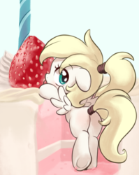 Size: 818x1029 | Tagged: safe, artist:pestil, oc, oc only, oc:luftkrieg, pegasus, pony, aryan, aryan pony, blank flank, blonde, butt, cake, cute, female, filly, food, licking, luftkriebetes, nazipone, plot, ponytail, strawberry, tail wrap, tongue out