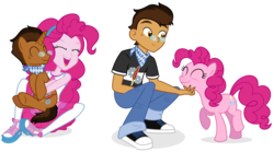 Size: 5376x2996 | Tagged: safe, artist:shizow, pinkie pie, oc, oc:copper plume, earth pony, human, pony, unicorn, equestria girls, g4, my little pony equestria girls: better together, canon x oc, chin scratch, clothes, commission, commissioner:imperfectxiii, converse, copperpie, cute, diapinkes, female, freckles, geode of sugar bombs, glasses, holding a pony, hug, human ponidox, jeans, magical geodes, male, neckerchief, pants, pantyhose, sandals, self ponidox, shirt, shoes, simple background, skirt, smiling, sneakers, straight, transparent background, vector, wavy mouth