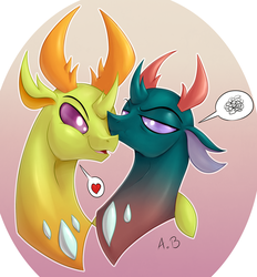 Size: 2783x3000 | Tagged: safe, artist:hyperstorm_h, artist:rossmaniteanzu, pharynx, thorax, changedling, changeling, g4, brotherly love, brothers, bust, changedling brothers, colored, heart, high res, king thorax, male, prince pharynx, sibling, sibling love, siblings