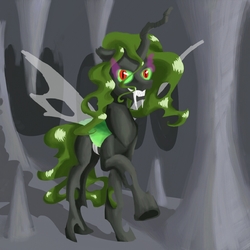 Size: 1024x1024 | Tagged: safe, artist:inersdraco, queen chrysalis, changeling, changeling queen, g4, cave, dark magic, fangs, female, green changeling, looking at you, magic, sharp teeth, solo, sombra eyes, teeth