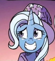 Size: 228x253 | Tagged: safe, idw, trixie, pony, unicorn, g4, nightmare knights, spoiler:comic, spoiler:comicnightmareknights05, female, grin, mare, nervous, nervous smile, smiling
