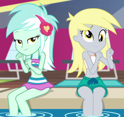 Size: 647x612 | Tagged: safe, screencap, derpy hooves, lyra heartstrings, equestria girls, g4, i'm on a yacht, my little pony equestria girls: better together, belly button, bikini, clothes, cropped, cross-eyed, derp, female, midriff, swimsuit