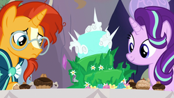 Size: 1920x1080 | Tagged: safe, screencap, starlight glimmer, sunburst, pony, unicorn, g4, student counsel, cake, cupcake, disappointed, duo, equinox cake, female, food, happy, male, mare, spiky, stallion