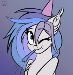 Size: 2932x3014 | Tagged: safe, artist:airfly-pony, oc, oc only, pony, rcf community, cheek fluff, chest fluff, ear fluff, female, hat, high res, mare, noisemaker, one eye closed, party hat, solo, wink