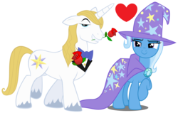 Size: 1668x1060 | Tagged: safe, artist:dashiesparkle edit, artist:peachspices, edit, prince blueblood, trixie, pony, g4, female, male, ship:bluetrix, shipping, straight