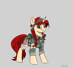 Size: 1500x1400 | Tagged: safe, artist:rutkotka, oc, oc only, pony, unicorn, bandage, braid, clothes, combat medic, commission, female, gray background, hooves, horn, mare, medic, simple background, smiling, solo, uniform, ych result