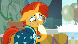 Size: 1920x1080 | Tagged: safe, screencap, sunburst, pony, unicorn, g4, student counsel, balloon, cute, hoof in mouth, male, pain, solo, stallion, sunbetes, table