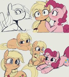 Size: 989x1097 | Tagged: safe, artist:manachaaaaaaaa, applejack, pinkie pie, earth pony, pony, g4, blushing, cheek kiss, cute, diapinkes, female, jackabetes, kissing, lesbian, love, mare, open mouth, prone, ship:applepie, shipping, simple background, smiling
