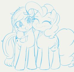 Size: 932x899 | Tagged: safe, artist:manachaaaaaaaa, applejack, pinkie pie, earth pony, pony, g4, cute, diapinkes, doodle, eyes closed, female, jackabetes, mare, monochrome, open mouth, simple background, smiling, white background