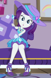 Size: 428x653 | Tagged: safe, screencap, rarity, camping must-haves, equestria girls, equestria girls series, g4, spoiler:eqg series (season 2), :o, clothes, cropped, cute, female, geode of shielding, hat, high heels, legs, looking at you, magical geodes, open mouth, pencil skirt, pillow, raribetes, rarity peplum dress, rarity's bedroom, sexy, shoes, sitting, skirt, solo