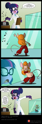 Size: 850x2464 | Tagged: safe, artist:niban-destikim, fluttershy, sci-twi, twilight sparkle, equestria girls, g4, belly button, belly dance, belly dancer, chip and dale rescue rangers, chubby, clothes, comic, commission, crossover, dancing, duo, experiment, female, food, gadget hackwrench, hypnosis, implied fluttershy, lab coat, laboratory, midriff, offscreen character, oops, patreon, patreon logo, science, shocked expression
