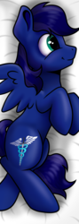 Size: 1071x3000 | Tagged: safe, artist:jellysketch, oc, oc only, oc:narkan, pegasus, pony, blue eyes, body pillow, body pillow design, caduceus, lying, male, mane, pillow, simple background, solo, wings