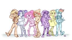 Size: 2714x1508 | Tagged: safe, artist:ohjeetorig, applejack, fluttershy, pinkie pie, rainbow dash, rarity, sci-twi, sunset shimmer, twilight sparkle, equestria girls, g4, boots, bundled up, clothes, cowboy hat, earmuffs, freckles, glasses, hat, high heel boots, humane five, humane seven, humane six, jacket, miniskirt, official fan art, pantyhose, pleated skirt, raincoat, ripped pants, shoes, sketch, skirt, socks, stetson, thigh highs, winter outfit, zettai ryouiki