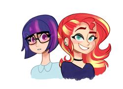 Size: 1600x1158 | Tagged: safe, artist:ohjeetorig, sci-twi, sunset shimmer, twilight sparkle, equestria girls, g4, alternate hairstyle, choker, ear piercing, earring, female, glasses, human coloration, jewelry, official fan art, piercing, short hair