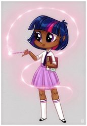 Size: 540x785 | Tagged: dead source, safe, artist:kora kosicka, twilight sparkle, human, equestria girls, g4, alternate hairstyle, book, clothes, concept art, cute, dark skin, female, gradient background, horn wand, human coloration, humanized, magic, mary janes, moe, necktie, raised eyebrow, school uniform, shoes, short hair, skirt, smiling, socks, solo, sparkles, wand