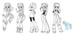 Size: 1470x704 | Tagged: safe, artist:kora kosicka, rainbow dash, pegasus, pony, equestria girls, g4, clothes, concept art, female, lineart, mare, ponied up, shirt, shorts