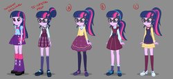 Size: 2673x1218 | Tagged: safe, artist:kora kosicka, sci-twi, twilight sparkle, equestria girls, g4, my little pony equestria girls: friendship games, clothes, concept art, crystal prep academy uniform, cute, dress, female, glasses, hair bun, leg warmers, mary janes, pantyhose, pleated skirt, ponytail, school uniform, shoes, skirt, socks, twolight