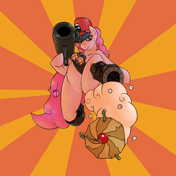 Size: 512x512 | Tagged: safe, artist:chazcatrix, pinkie pie, earth pony, semi-anthro, g4, arm hooves, bandolier, cupcake, cupcake launcher, food, grenade, hat, rocket launcher, soldier, soldier (tf2), solo, team fortress 2
