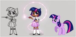 Size: 1885x917 | Tagged: dead source, safe, artist:kora kosicka, twilight sparkle, pony, unicorn, equestria girls, g4, chibi, clothes, concept art, cute, dark skin, female, lineart, mare, mary janes, moe, pleated skirt, shoes, skirt, socks, twiabetes, unicorn twilight