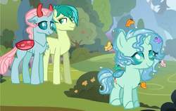 Size: 1136x720 | Tagged: safe, artist:comet-swirls, ocellus, sandbar, oc, oc:aquamarine, butterfly, changedling, changeling, changepony, hybrid, g4, base used, female, interspecies offspring, male, offspring, older ocellus, parent:ocellus, parent:sandbar, parents:ocelbar, ship:ocelbar, shipping, straight