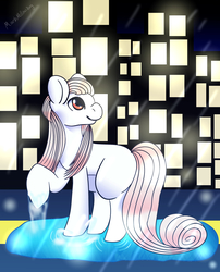 Size: 1822x2259 | Tagged: safe, artist:enderblackwings, artist:ponies_and_bobatea, earth pony, pony, art trade, city, cityscape, night, puddle, rain, raised hoof, solo, water